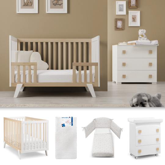 Baby Room 4 pieces America White &amp; Natural Cot + Mattress + Protective Textile Set + Dresser 
