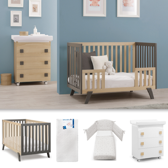 Baby Bedroom 4 pieces America Titanium Cot + Mattress + Protective Textile Set + Dresser 