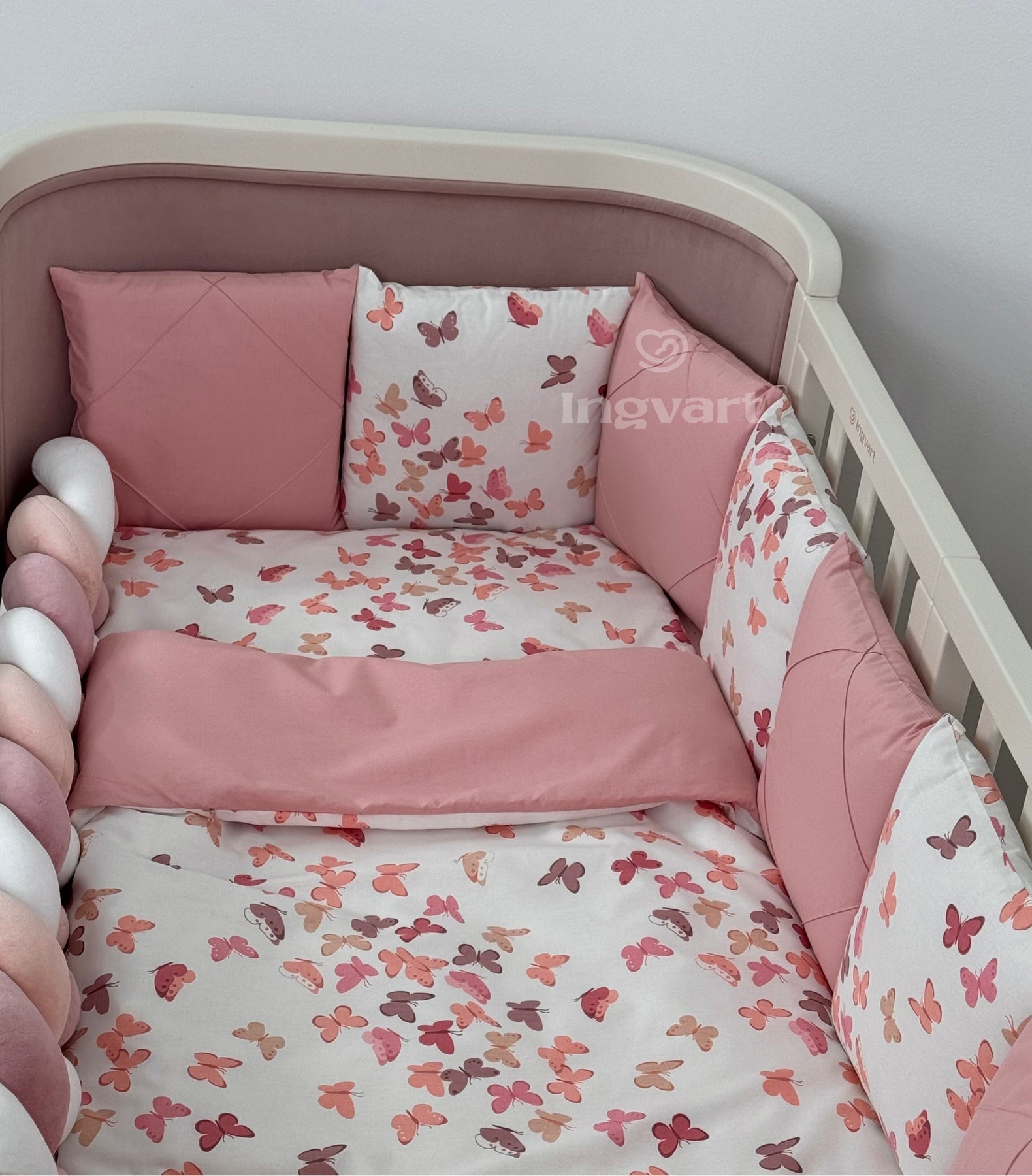 7-piece white crib bedding set with white and pink butterflies � 70x120 cm