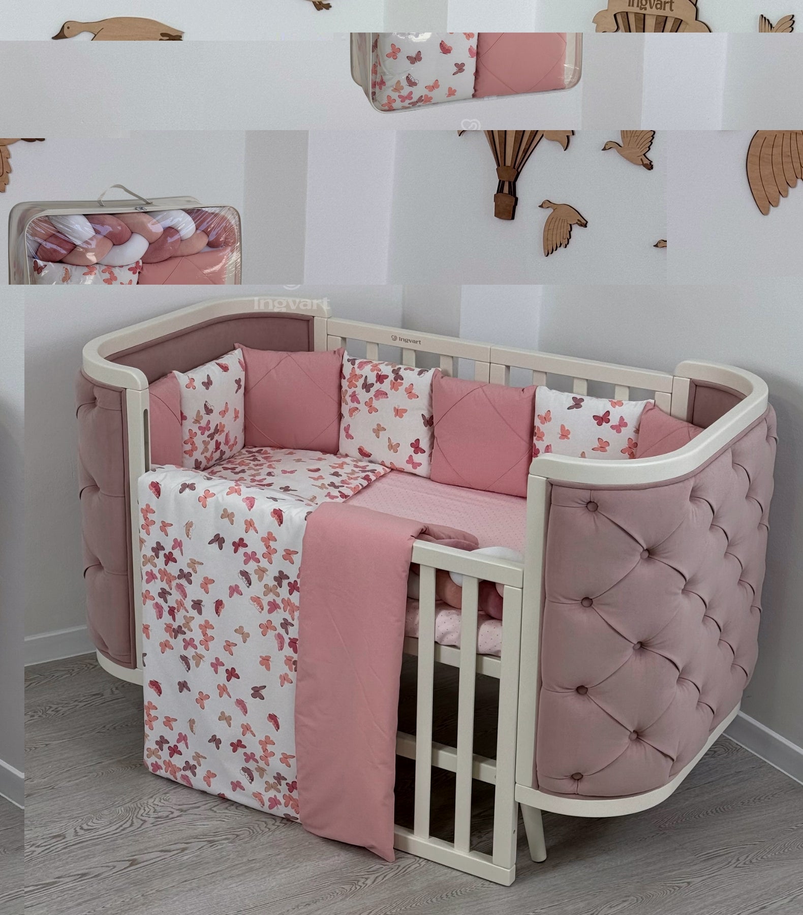 7-piece white crib bedding set with white and pink butterflies � 70x120 cm