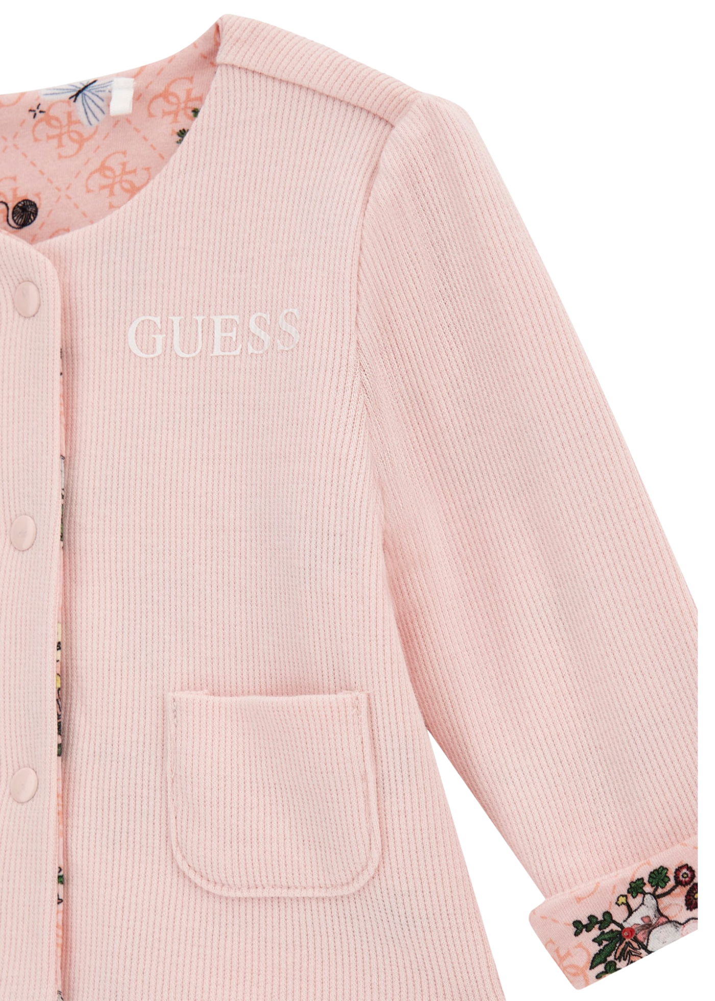 Set 3 Piese Jacheta si Pantaloni Lungi Roz si Body Alb cu Maneca Scurta S5YG04 KBZP4 G6R1 Guess