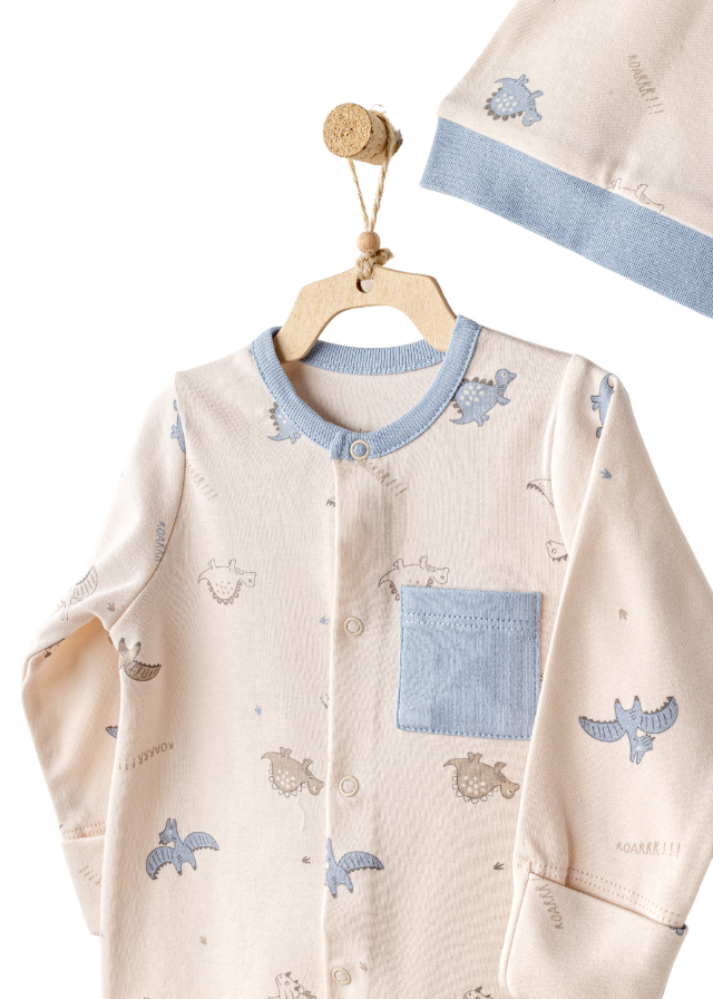 Set Salopeta Lunga Bej cu Imprimeu Dinozauri Bleu si Fes AC25919 Andywawa