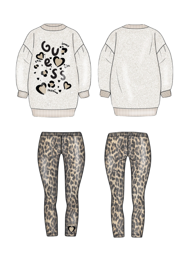 Set 2 Piese Bluza Sport Crem cu Inimi si Colanti Imprimeu Leopard Bej K4BG02 KCG14 P20I Guess