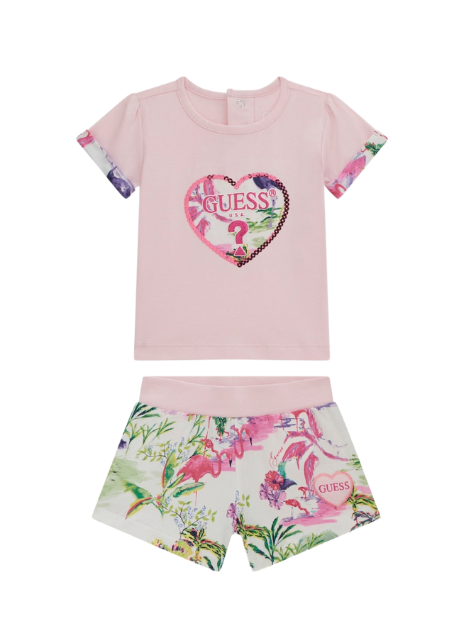 Set 2 Piese, Tricou Roz cu Inima si Pantaloni Scurti cu Imprimeu Floral Roz A4GG13 Guess - Camera Bebelusului