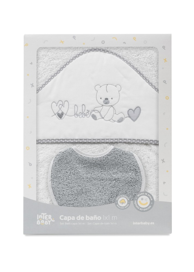 Prosop cu Capison 100x100 cm si Bavetica Alb-Gri cu Ursulet si Inimioare 01249-18 Interbaby