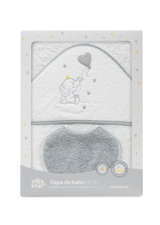 Prosop cu Capison 100x100 cm si Bavetica Alb-Gri cu Elefantel 01247-18 Interbaby