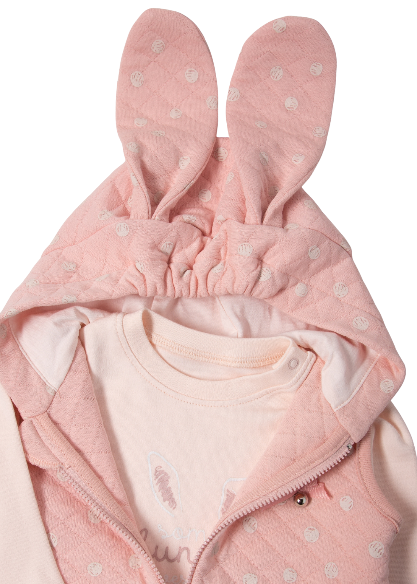 Set 3 Piese Vesta cu Gluga si Pantaloni Lungi Roz Pudra si Bluza Roz cu Maneca Lunga K5115 Bebetto