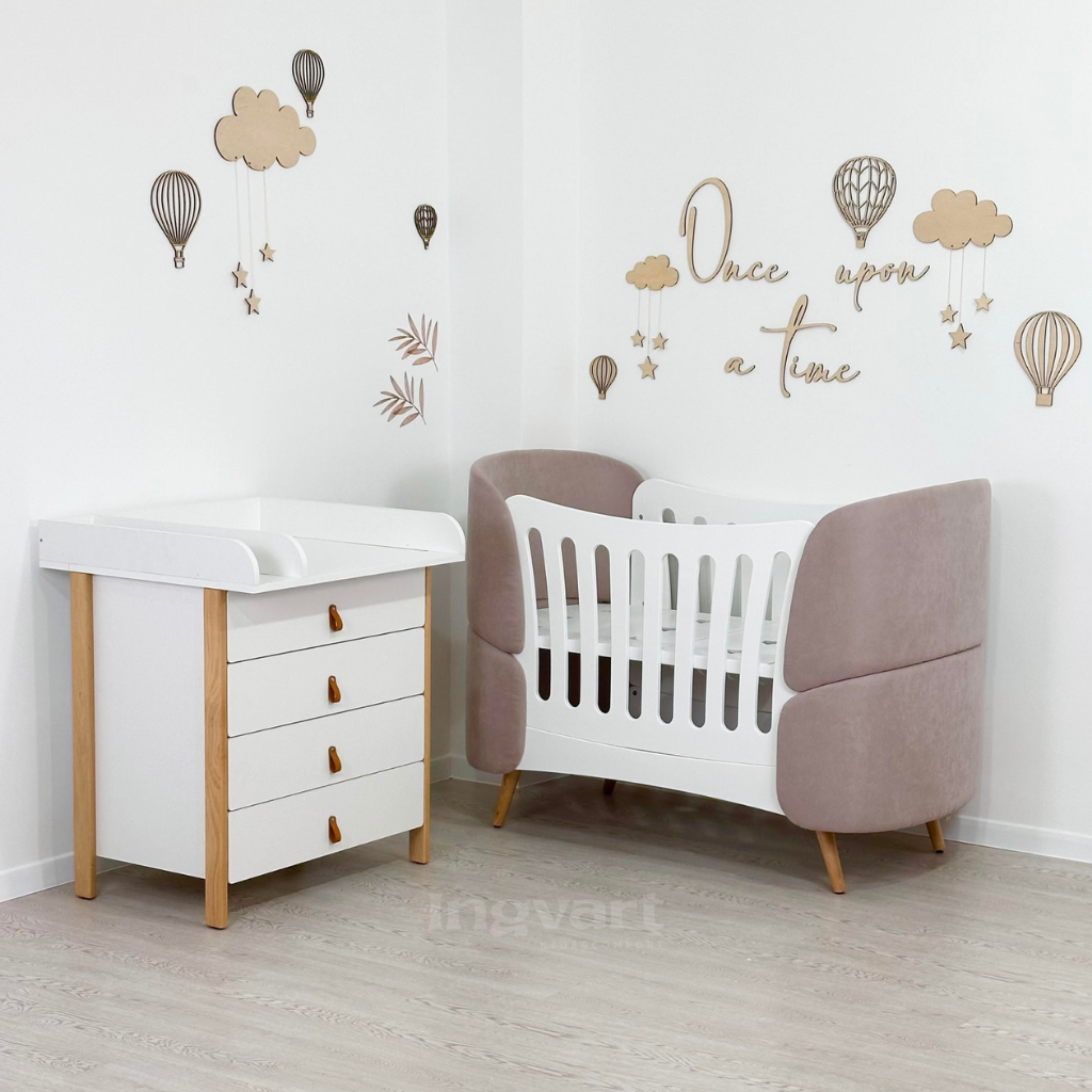 Premium Oval Convertible Crib 6 in 1 Fly White with Padded Velvet Headboards Ingvart 