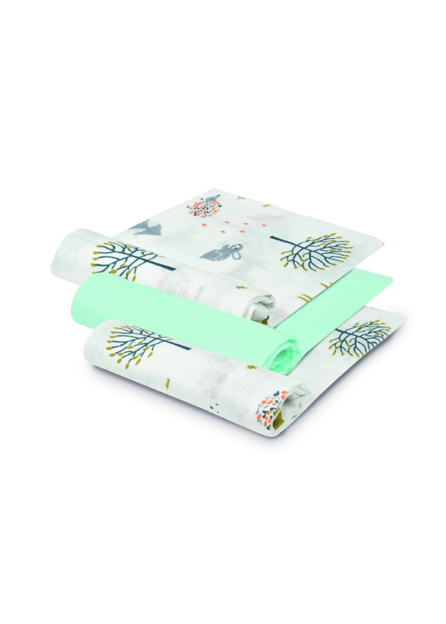 Set 3 Scutece Muselina din Bambus Alb-Verde Menta Imprimeu Copaci 55x70 cm 98975-58 Interbaby