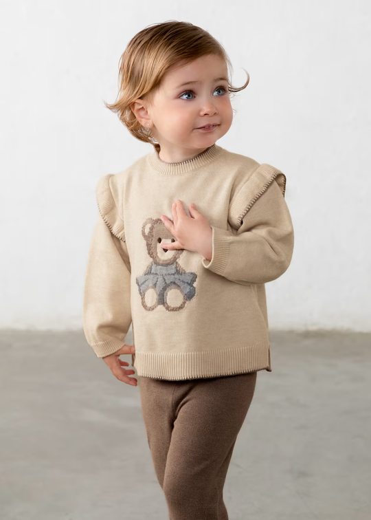 Set Tricotat Bluza cu Volane Crem si Pantaloni Maro pentru Fetite 2557 – Mayoral