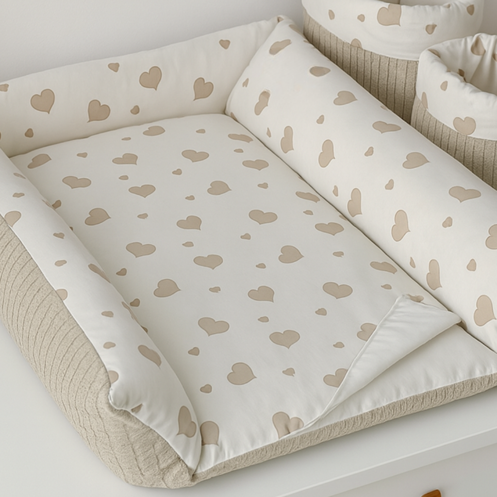 White Swaddle Mattress with Beige Heart Print for Scandi Ingvart Cabinet