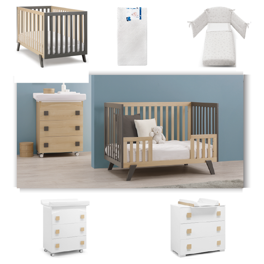 Baby Room 5 pieces America Titanium Cot + Mattress + Protective Textile Set + Dresser + Cabinet 