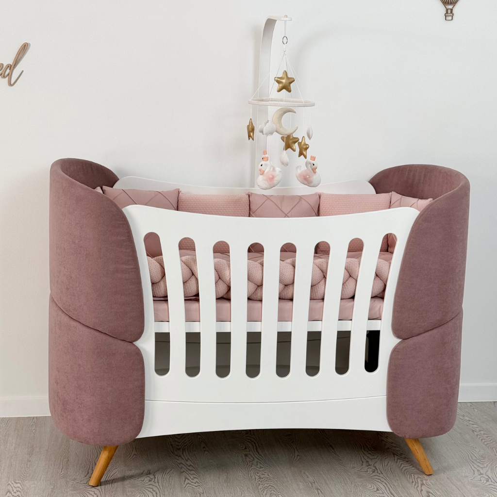 Premium Oval Convertible Crib 6 in 1 Fly White with Padded Velvet Headboards Ingvart 