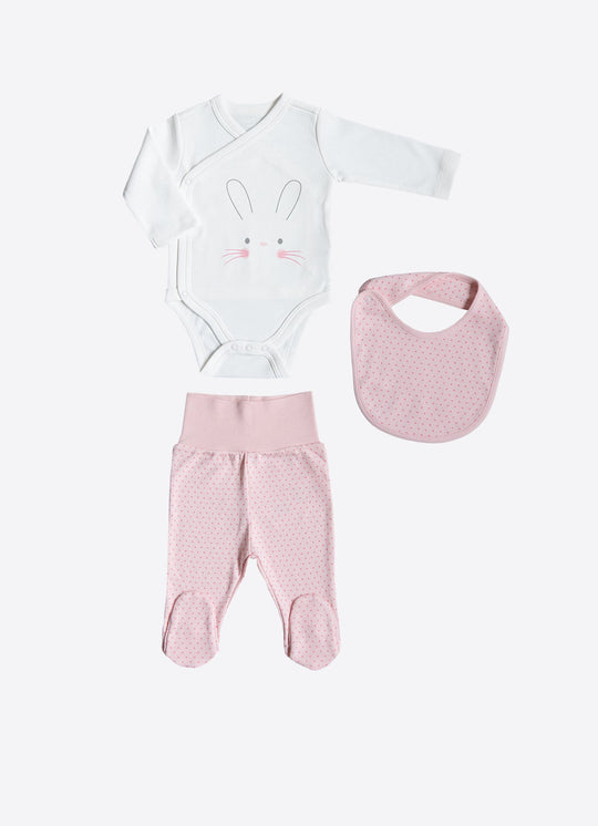 Set de 3 Piese Body, Pantaloni si Baveta din Bumbac cu Model Ursulet pentru Fetite S60888 – KitiKate