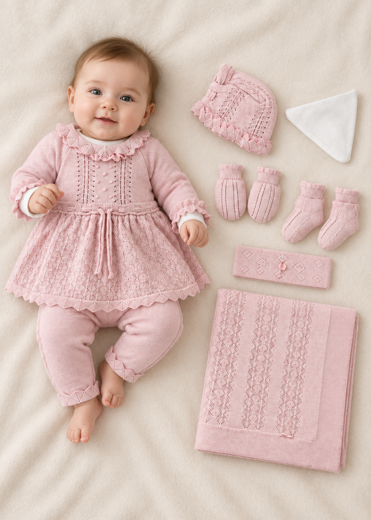 Set Nou-Nascut Tricotat Roz din Bumbac, 7 Piese 3165 – Leo King