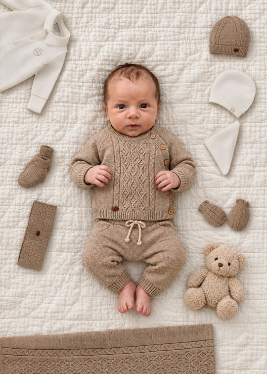 Set Maternitate 10 Piese Bej din Lana Merinos cu Cardigan, Pantaloni, Salopeta din Bumbac si Patura pentru Baieti 3459 – Leo King