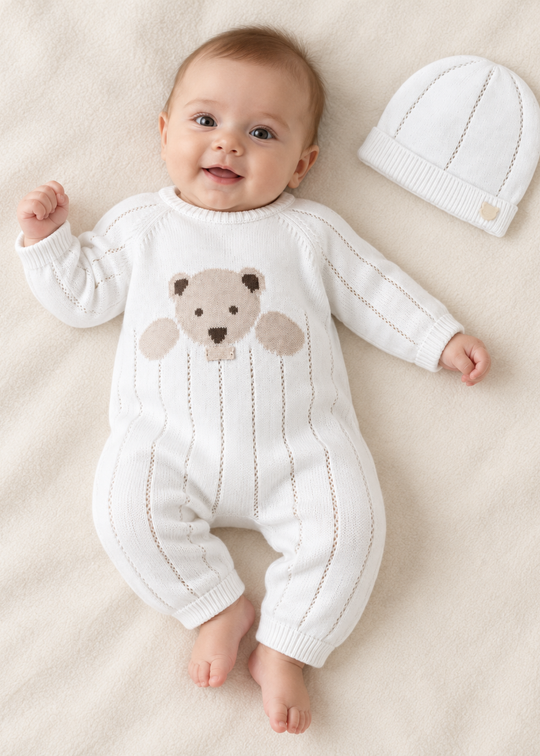 Set 2 Piese Tricotat Salopeta Alba cu Urs pentru Baieti 7454 – Leo King