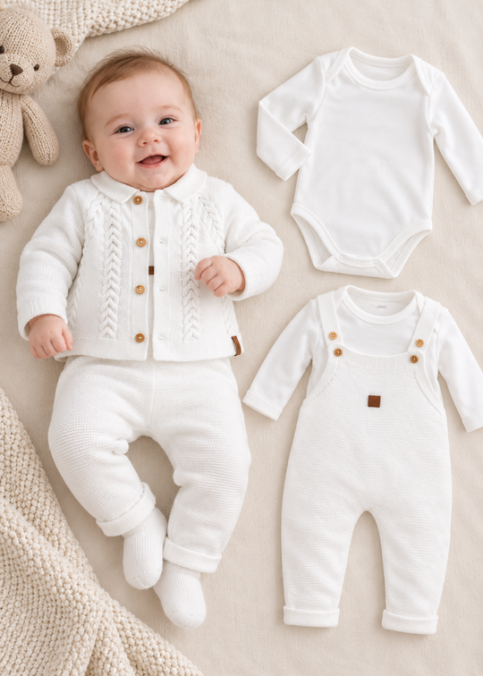 Set 3 Piese Tricotat Alb din Bumbac cu Salopeta, Cardigan si Body pentru Baieti 7467 – Leo King