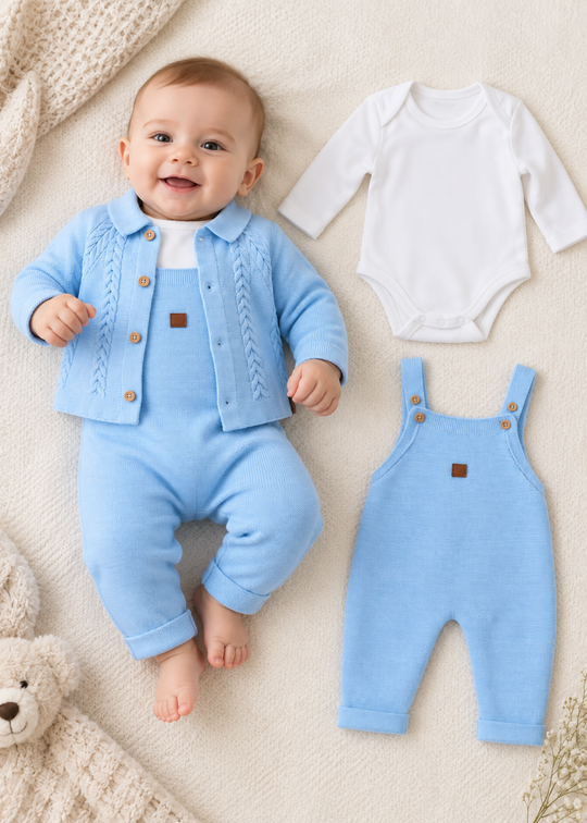 Set Tricotat Bleu din Bumbac, 3 Piese, cu Salopeta, Cardigan si Body pentru Baieti 7467 – Leo King