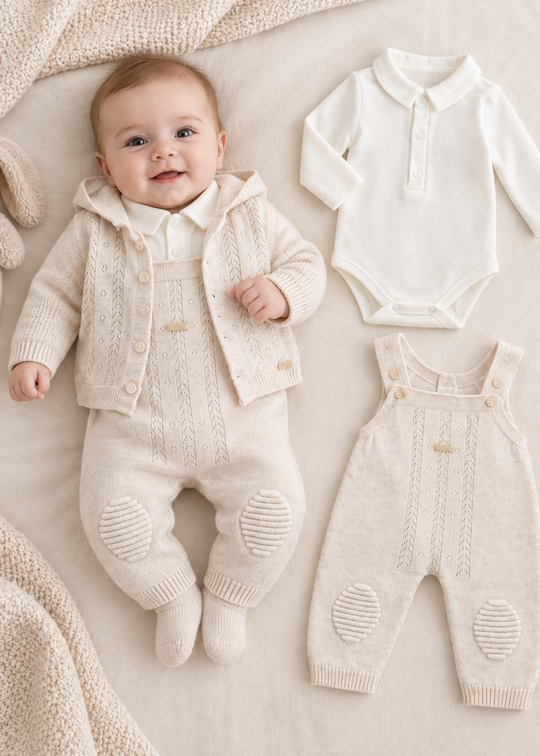 Set 3 Piese Tricotat Alb cu Salopeta, Cardigan si Body pentru Baieti 7480 – Leo King