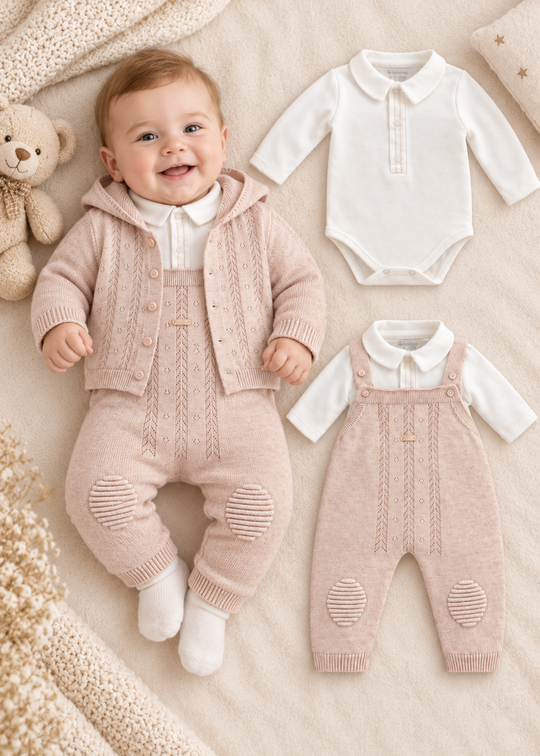 Set 3 Piese Tricotat Bej din Bumbac cu Salopeta, Cardigan si Body pentru Baieti 7480 – Leo King