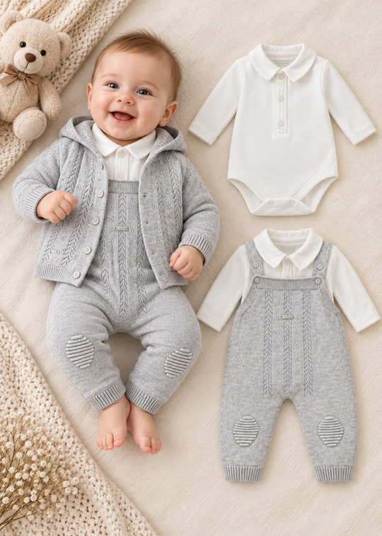 Set 3 Piese Tricotat Gri cu Salopeta, Cardigan si Body pentru Baieti 7480 – Leo King