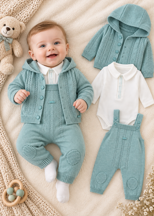Set 3 Piese Tricotat Verde cu Salopeta, Cardigan si Body pentru Baieti 7480 – Leo King
