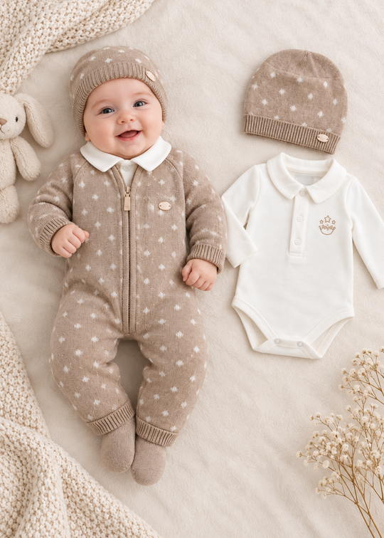 Set 3 Piese Tricotat Bej cu Alb pentru Baieti 7903 – Leo King