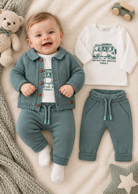 Set 3 Piese Tricotat Verde cu Cardigan, Bluza si Pantaloni pentru Baieti 8009/4 – Leo King