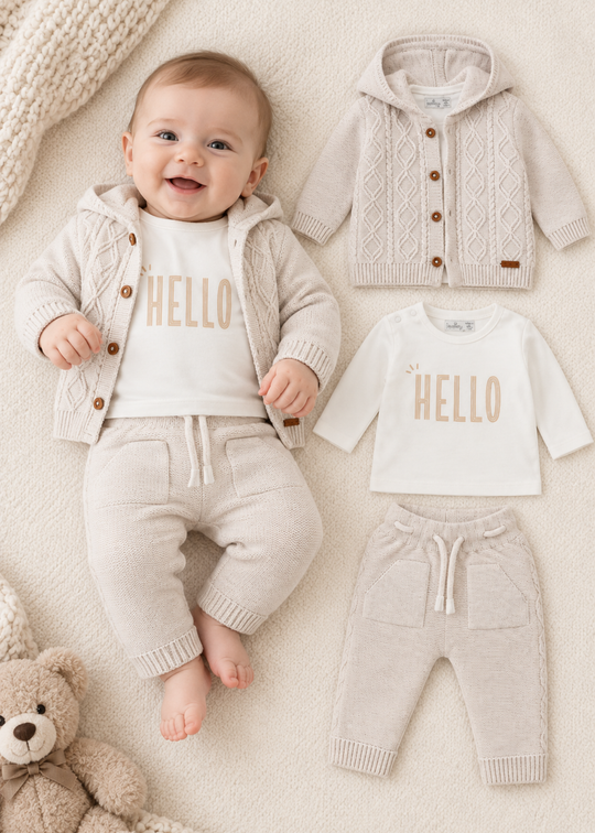 Set Tricotat Crem cu Alb, cu Cardigan, Pantaloni si Bluza, pentru Baieti 8040 – Leo King
