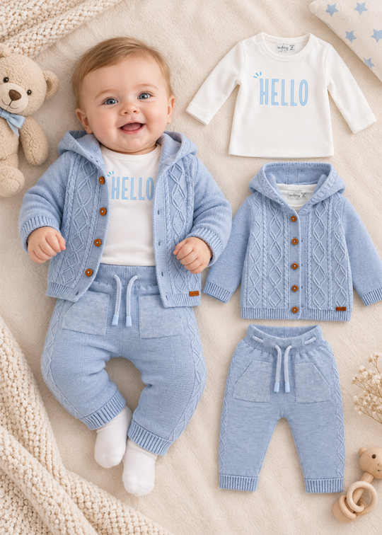 Set Tricotat Bleu din Bumbac cu Cardigan, Pantaloni si Bluza pentru Baieti 8040 – Leo King