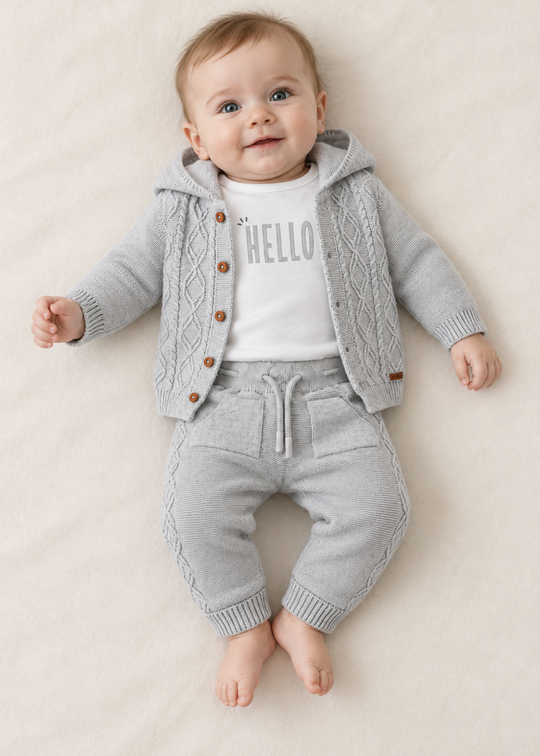 Set 3 Piese Tricotat Gri cu Cardigan, Pantaloni si Bluza pentru Baieti 8040 – Leo King