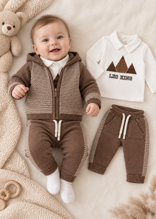 Set 3 Piese Tricotat Maro cu Bej din Bumbac pentru Baieti 8042 – Leo King