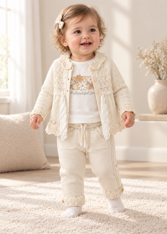 Set 3 Piese Tricotat Alb cu Cardigan, Bluza si Pantaloni pentru Fete 8046 – Leo King