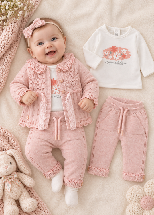 Set 3 Piese Tricotat Somon cu Cardigan, Bluza si Pantaloni pentru Fetite 8046 – Leo King