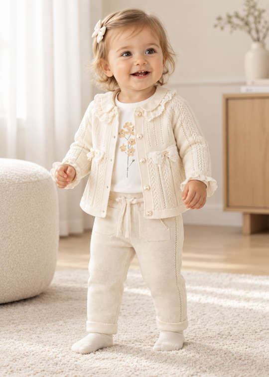 Set 3 Piese Tricotat Alb cu Flori, Cardigan, Bluza si Pantaloni pentru Fete 8051 – Leo King
