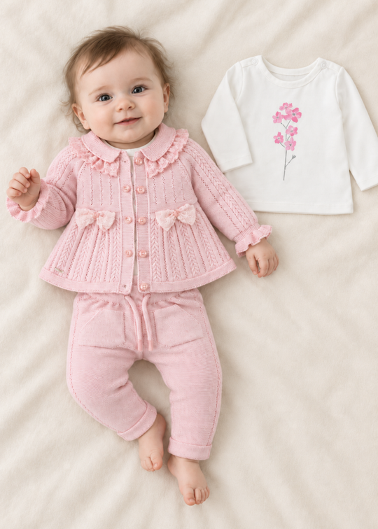 Set 3 Piese Tricotat Roz cu Flori pentru Fetite 8051 – Leo King