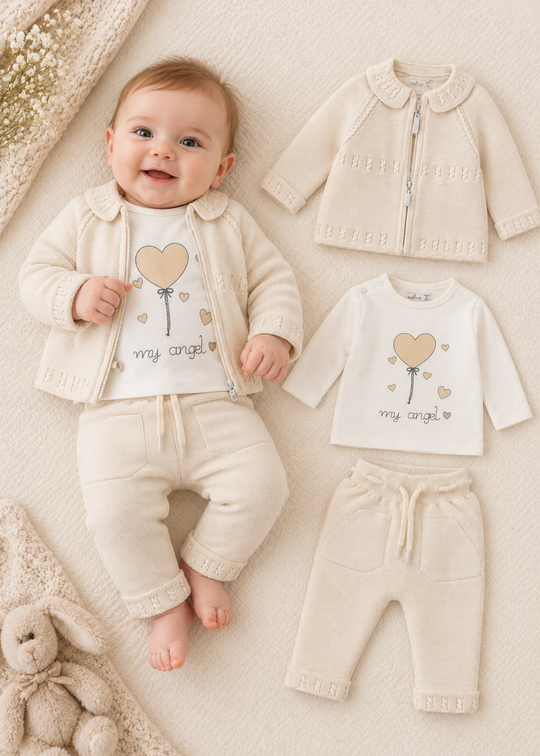 Set 3 Piese Tricotat Crem cu Cardigan, Bluza si Pantaloni pentru Fetite 8044 – Leo King