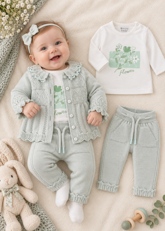 Set 3 Piese Tricotat Verde cu Cardigan, Bluza si Pantaloni pentru Fetite 8556/2 – Leo King