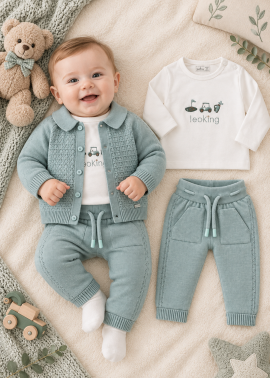 Set 3 Piese Tricotat Verde cu Cardigan, Bluza si Pantaloni pentru Baieti 8566 – Leo King