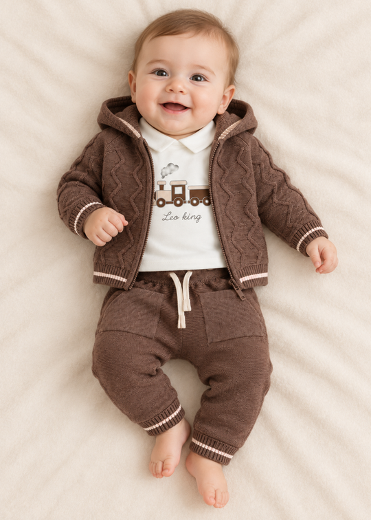 Set 3 Piese Tricotat Bej cu Maro, Hanorac, Pantaloni si Bluza pentru Baieti 8569 – Leo King