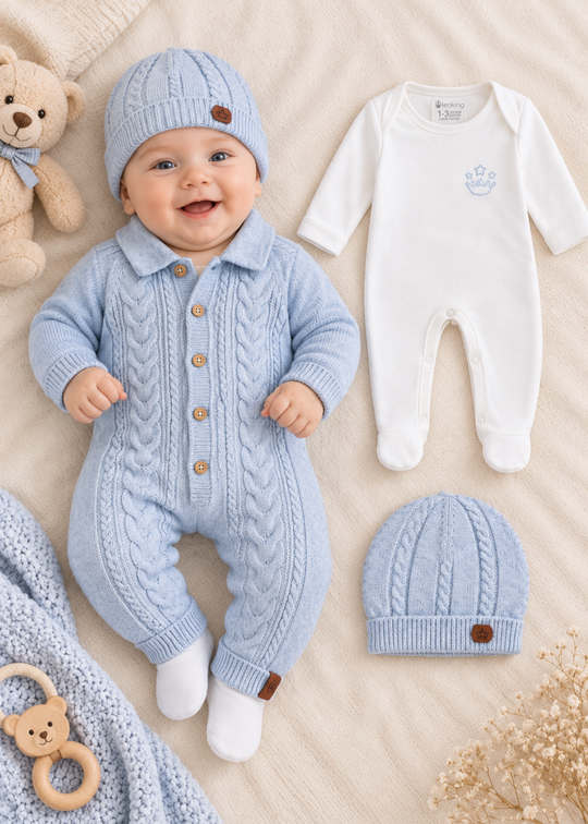 Set 3 Piese Tricotat Bleu cu Lana Merinos pentru Baieti 9354 – Leo King