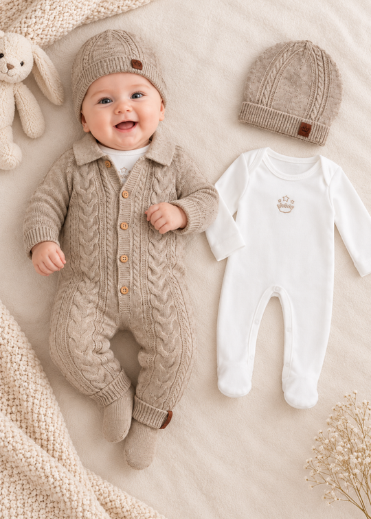 Set 3 Piese Tricotat Bej Inchis cu Lana Merinos pentru Baieti 9354 – Leo King