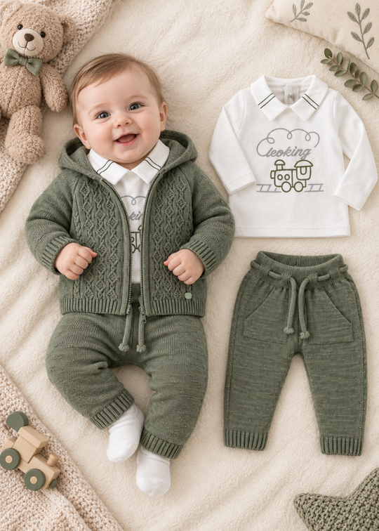 Set 3 Piese Tricotat Verde pentru Baieti 9594 – Leo King