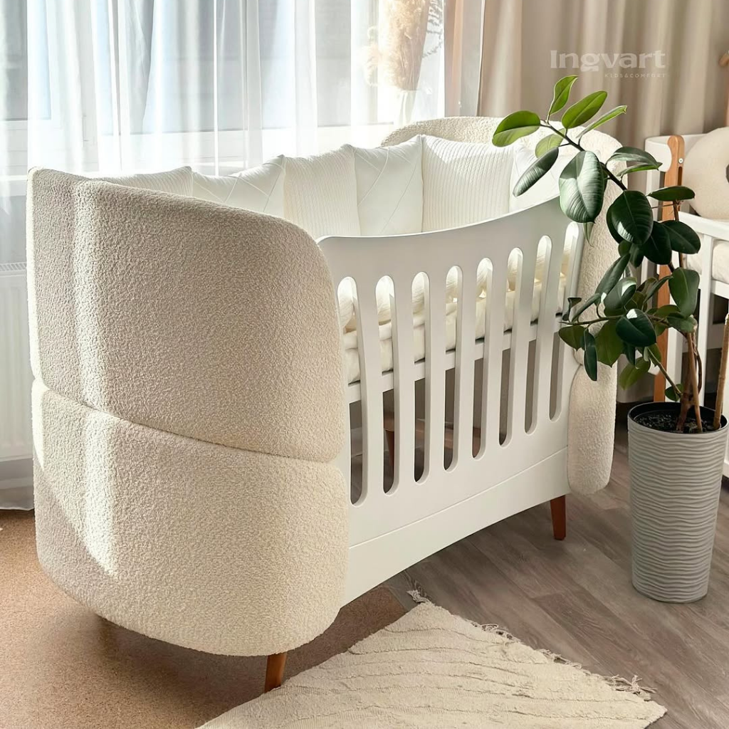 Premium Oval Convertible Crib Fly Bunny White Curly Design Quilted Fabric Loops 0-8 Years INGVART 