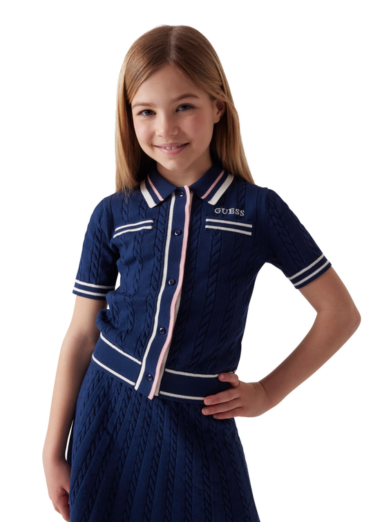 Navy knitted cardigan with collar and short sleeves art J6RR16 Z4652 G7R1 Guess