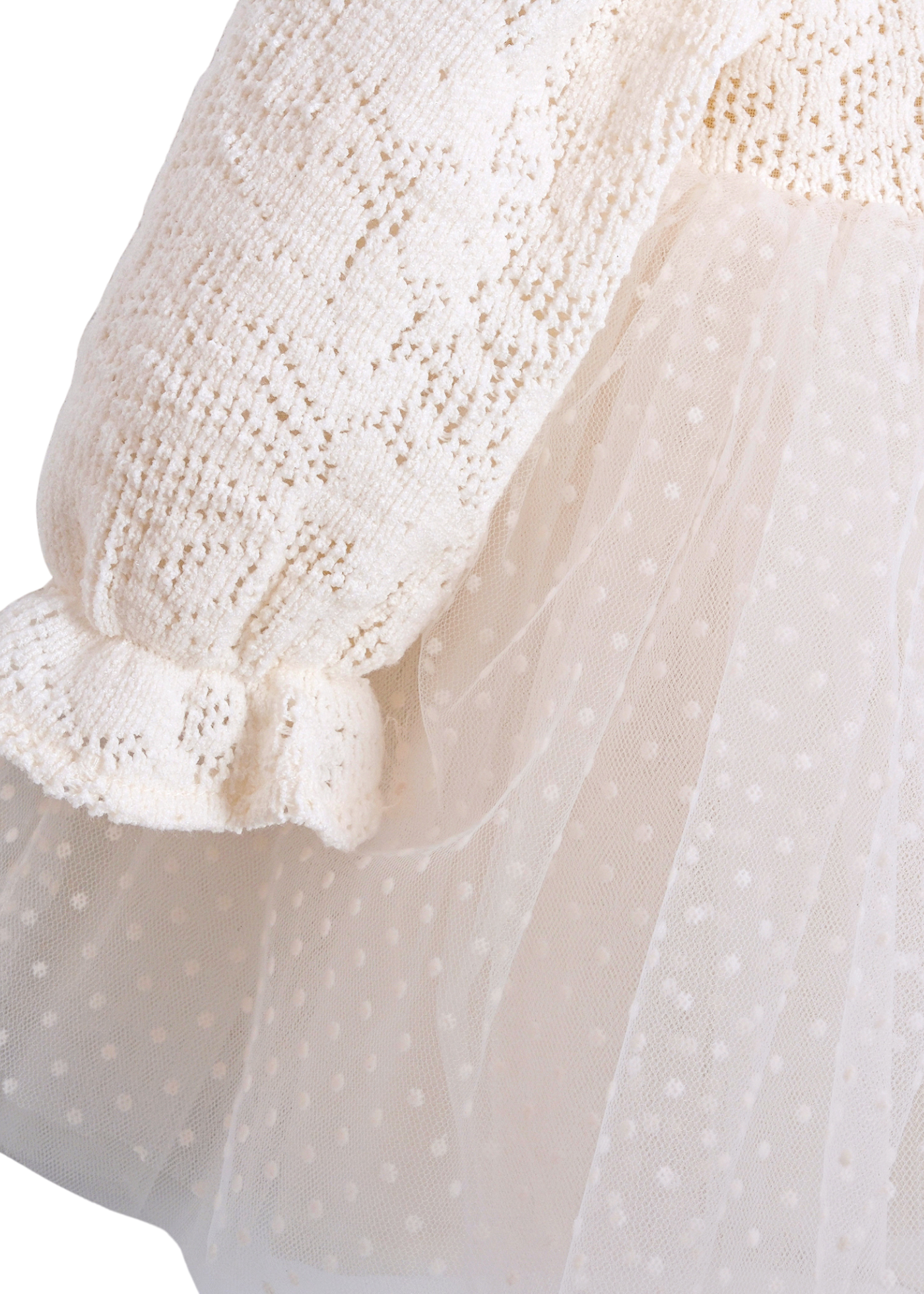 Rochie Crem cu Maneca Lunga Bust Dantela si Fusta Tulle cu Picouri cu Geanta MJ169 Mary & Joe