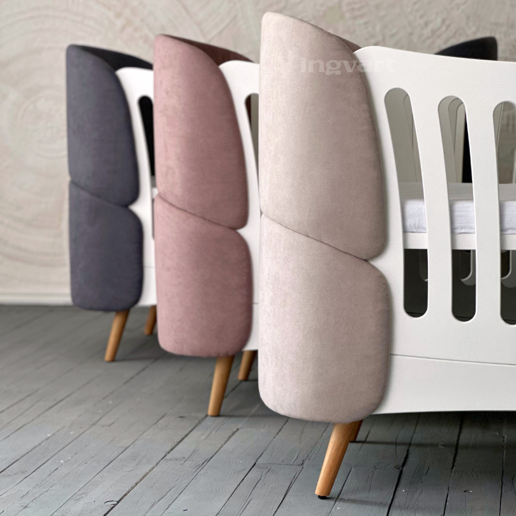 Premium Oval Convertible Crib 6 in 1 Fly White with Padded Velvet Headboards Ingvart 