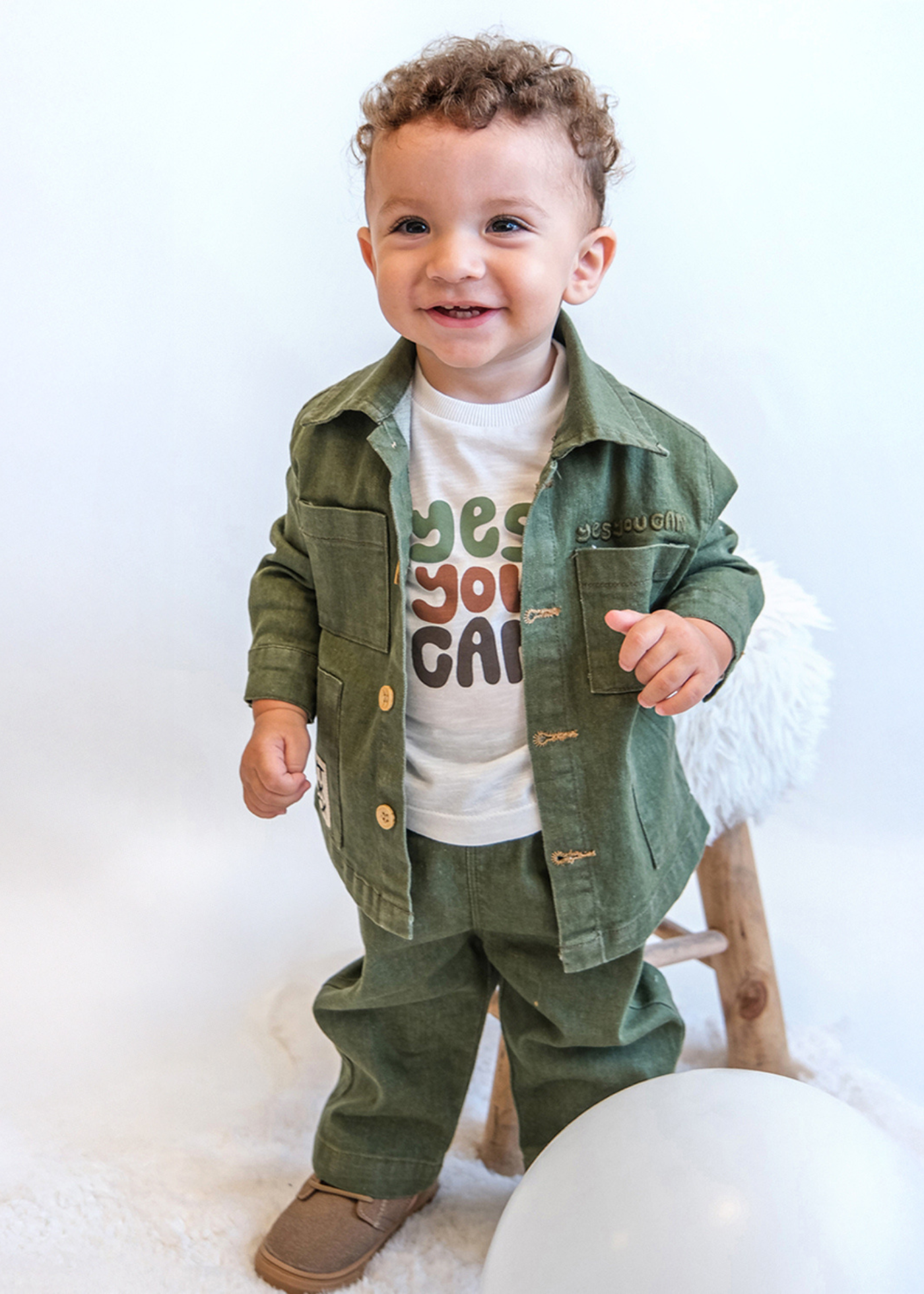 Set 3 Piese Camasa si Pantaloni Lungi Verzi si Bluza din Bumbac Crem 3759 Mino Baby