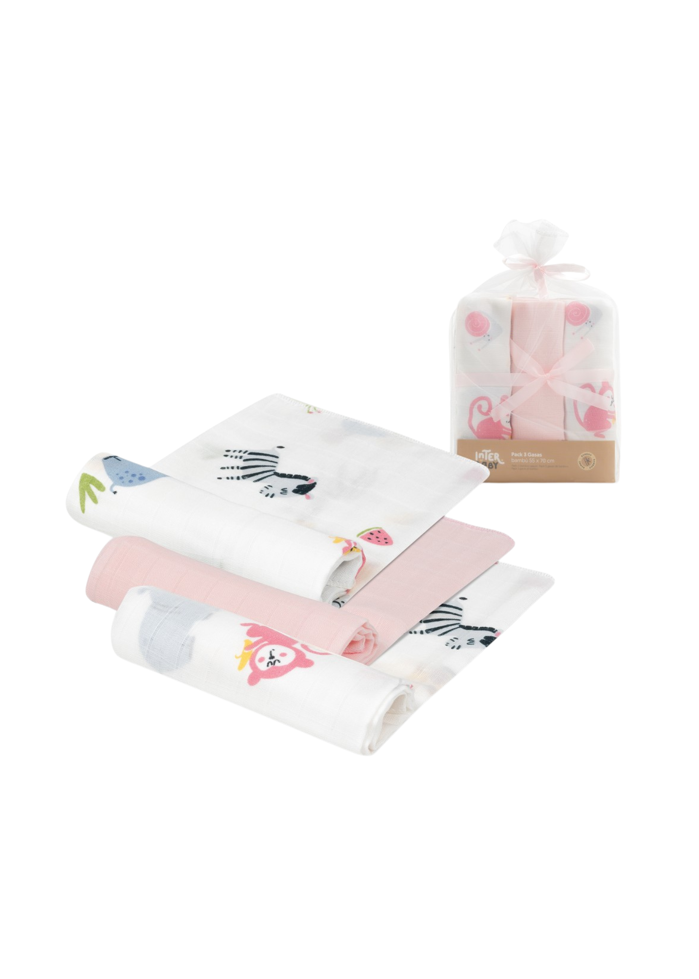 Set 3 Scutece Muselina Bambus Alb-Roz Imprimeu Semiluna – 55x70 cm 98977-02 InterBaby